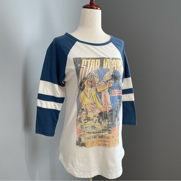 Vintage Star Wars 3/4 Long Sleeve Raglan T Shirt Size M Blue & White Retro - Picture 3 of 12